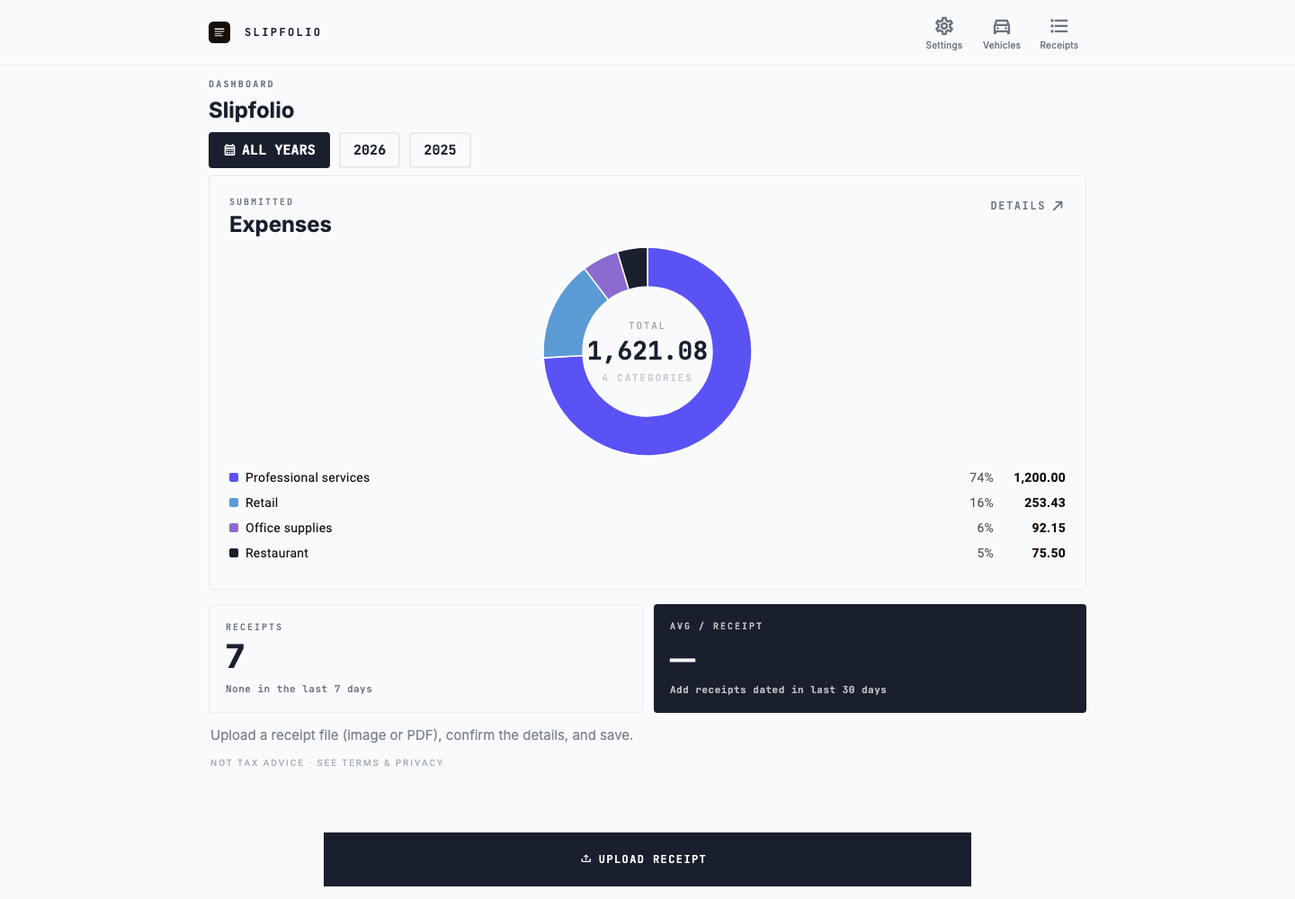 Slipfolio dashboard showing receipt expenses grouped by category and tax year