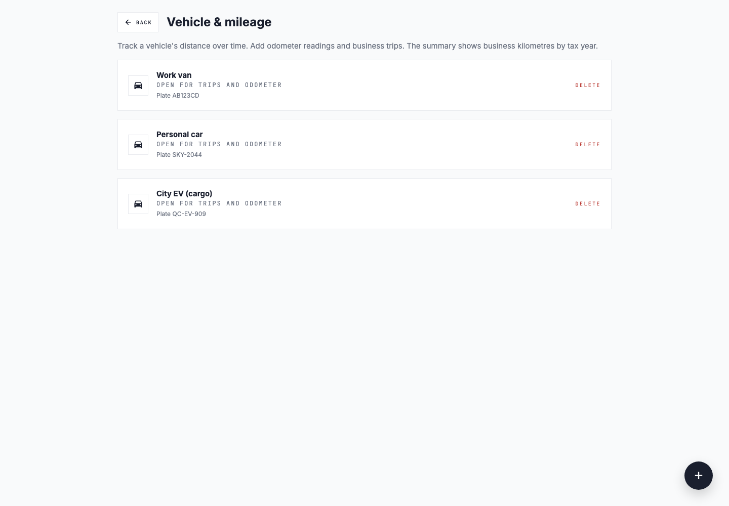 Slipfolio vehicle and mileage screen listing work and personal vehicles for trip and odometer records