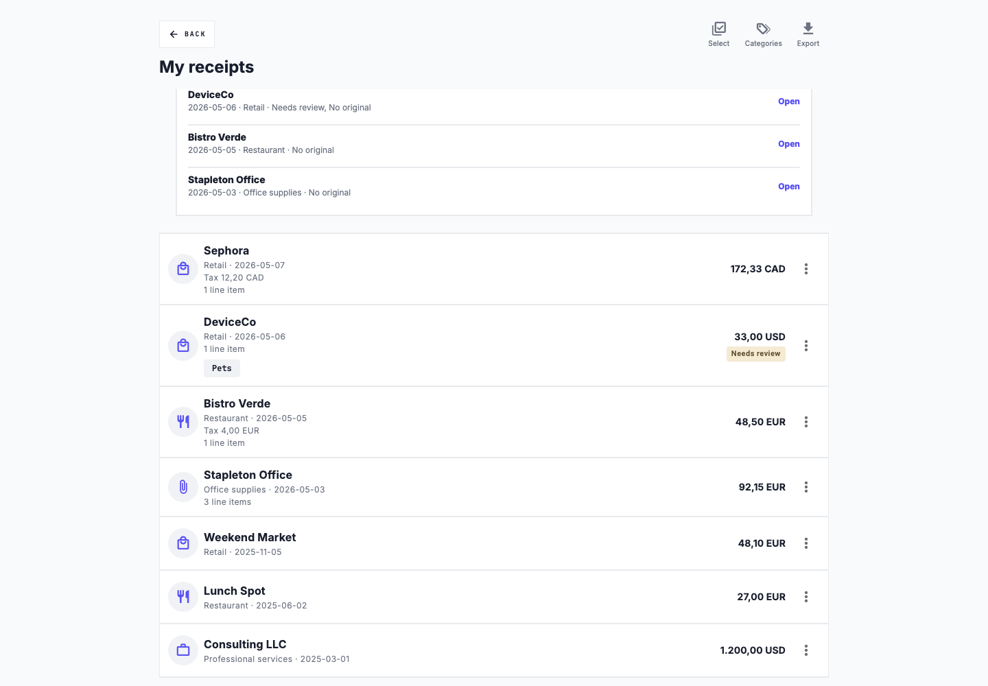 Slipfolio small business receipt list with categories, currencies, review status, and missing-file indicators